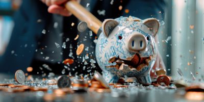 Action shot of a hammer smashing a blue-patterned piggy bank, causing money to scatter. The image emphasizes the financial loss and dramatic end of saving.